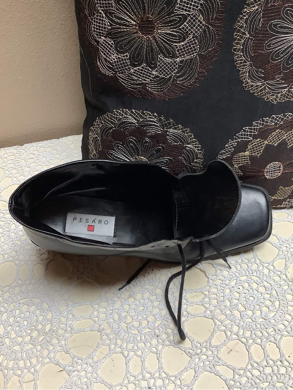 Retro 90s Y2K Vintage PESARO Black Leather Chunky Square Toe Ankle Boots Sz 8.5 - Picture 7 of 9